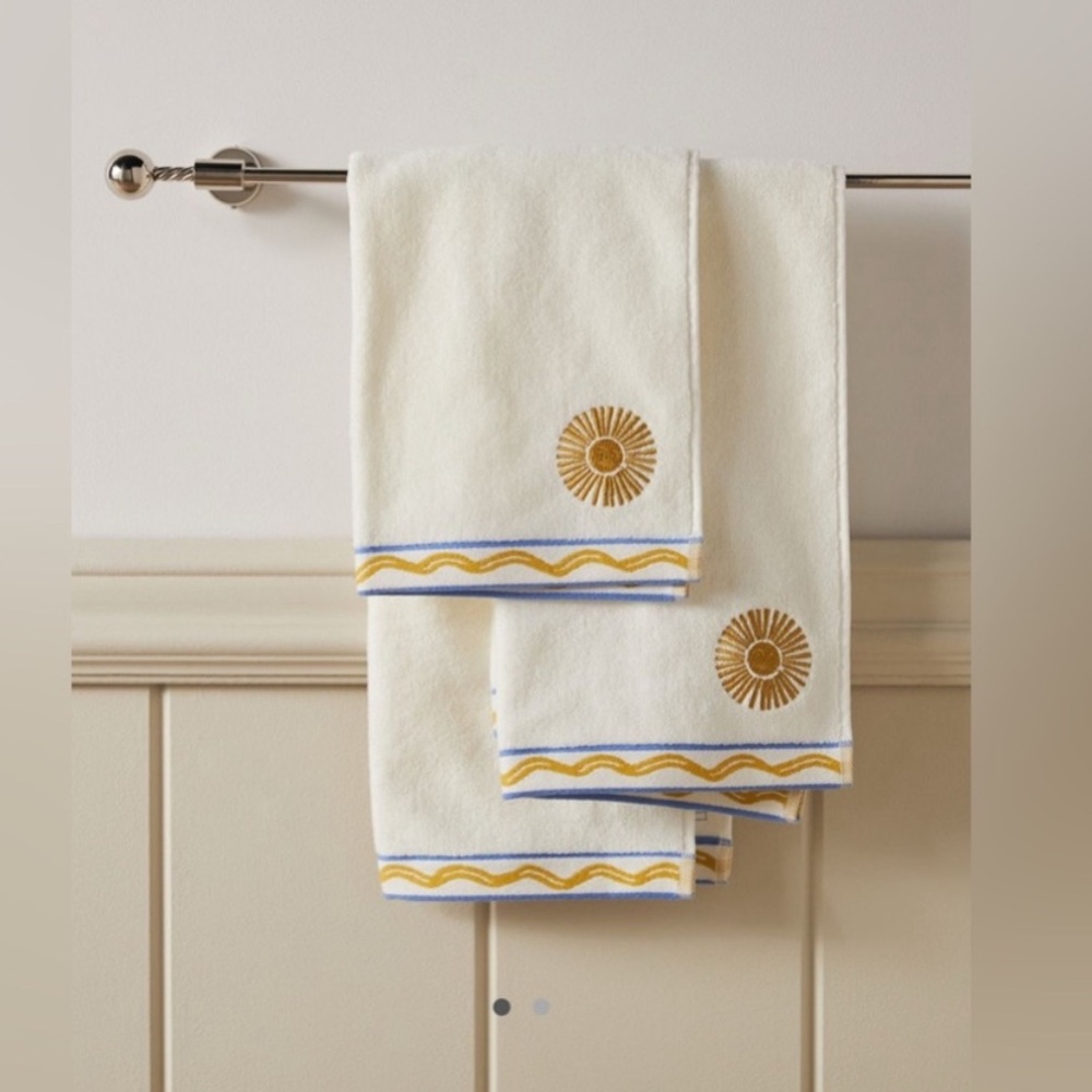SET of Anthropologie Minnie Cotton Embroidered Icon Hand Towel in Yellow NWT